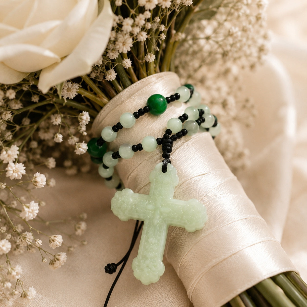 Close-up of a sage green bridal rosary featuring elegant jade-inspired beads, black accents, and a cross pendant, designed as a Catholic wedding keepsake gift.