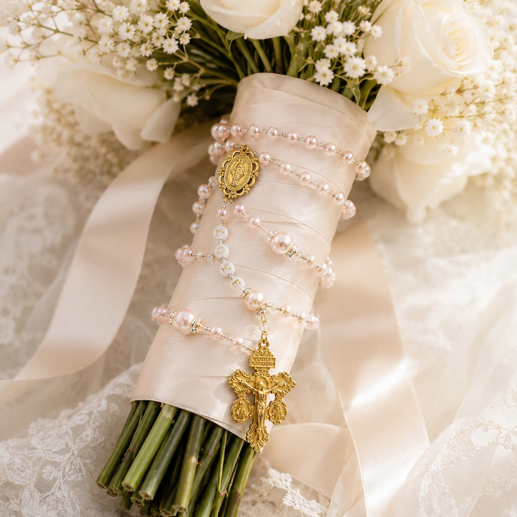 Pearl Catholic rosary featuring delicate pearl beads, gold crucifix and religious medal, designed as a beautiful bridal wedding gift and marriage blessing keepsake.