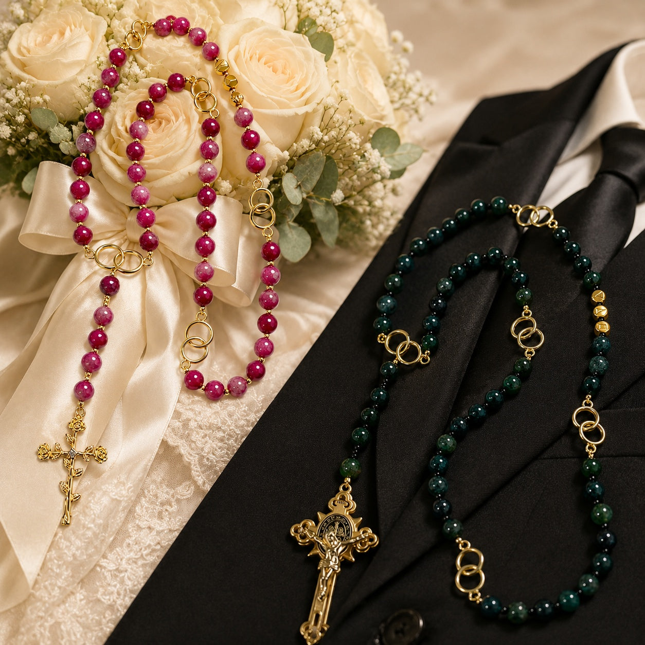 Bride and groom matching Catholic rosaries displayed together with wedding rings, symbolizing faith, love, and marriage commitment