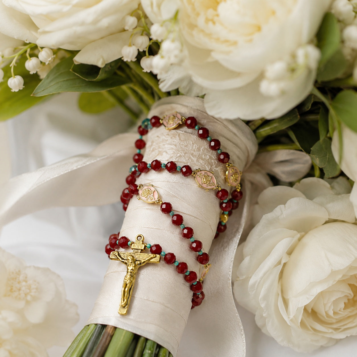 Elegant burgundy rosary displayed on soft wedding lace with turquoise beads and gold details, designed as a Catholic bride gift