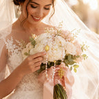 Bride holding a Catholic wedding rosary with her bouquet during a wedding ceremony, symbolizing faith, love, prayer, and a blessed marriage journey.