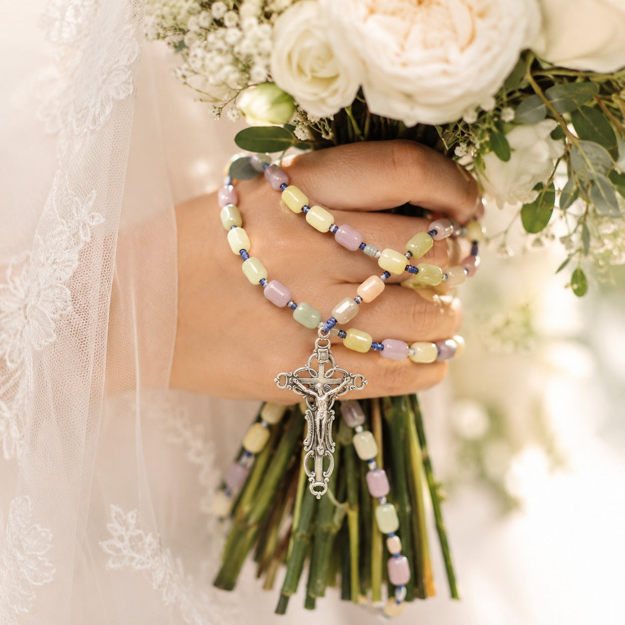 Pastel Bridal Bouquet Rosary, Catholic Wedding Rosary, Bride Gift, Wedding Prayer Beads, Silver Crucifix