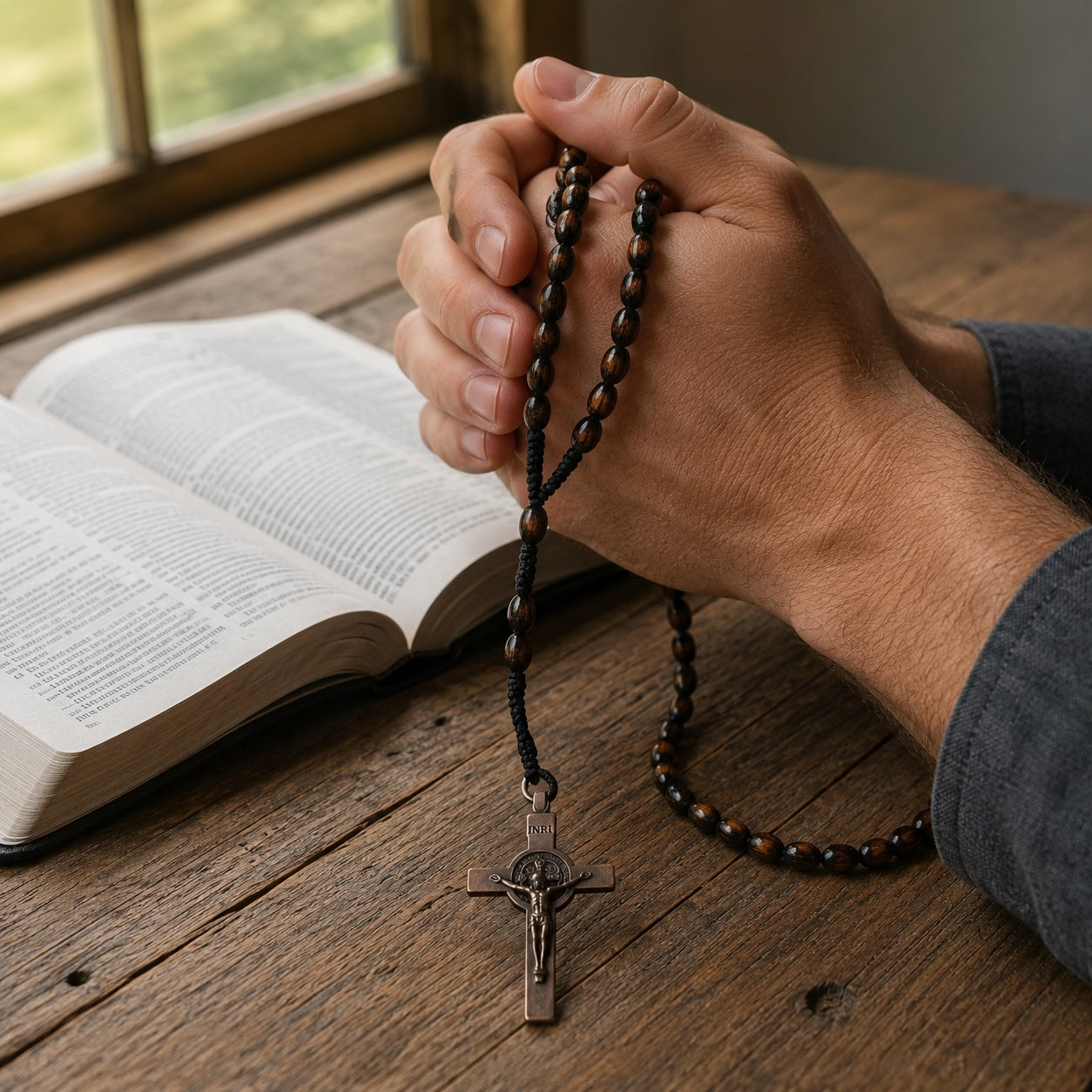 Handmade men’s Catholic prayer beads with warm brown wood-style beads and traditional crucifix pendant.