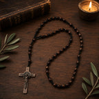Traditional Catholic rosary for men featuring olive wood-style beads, durable cord, and silver crucifix.