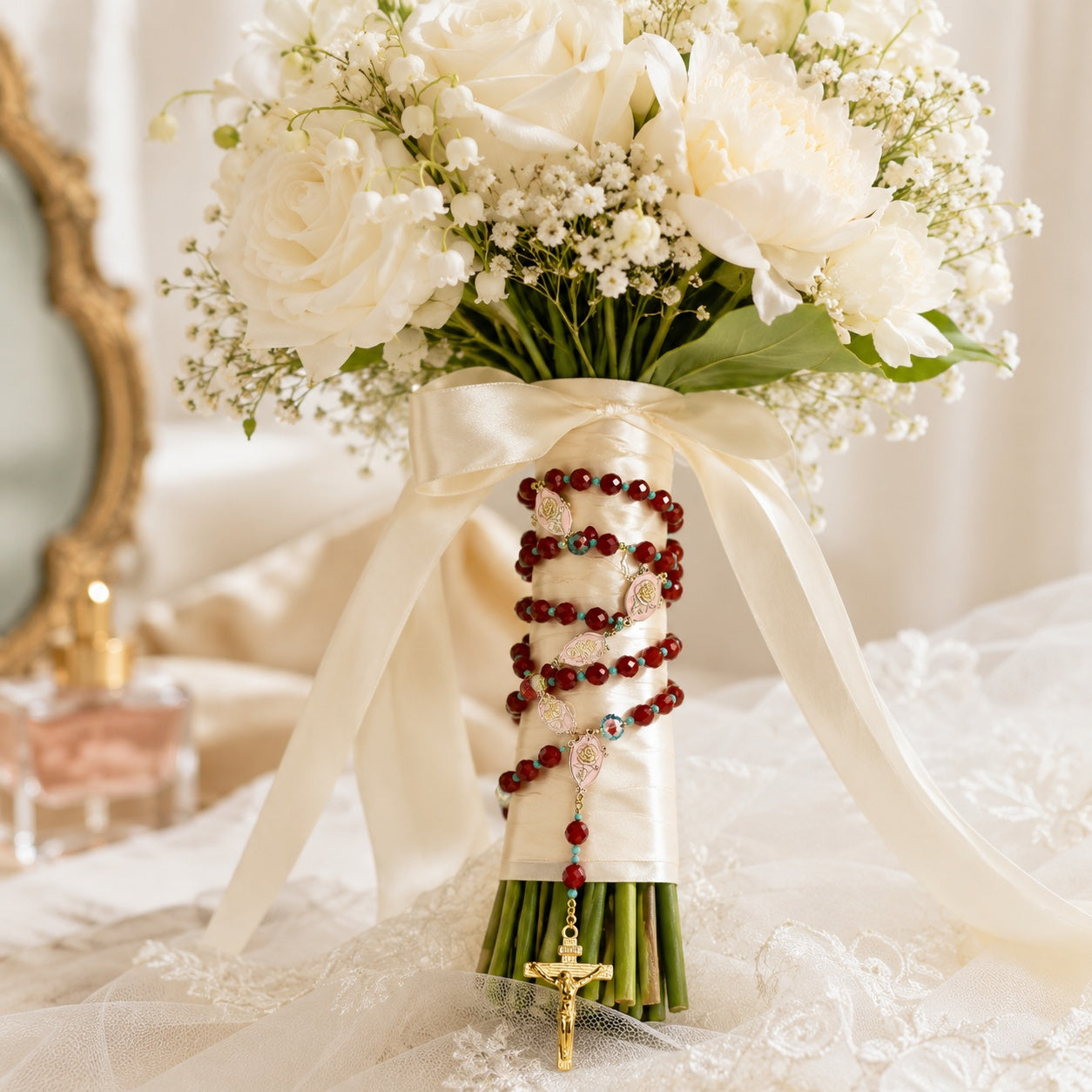 Burgundy Catholic Wedding Rosary, Bridal Bouquet Rosary, Rose Prayer Beads, Bride Gift, Marriage Keepsake