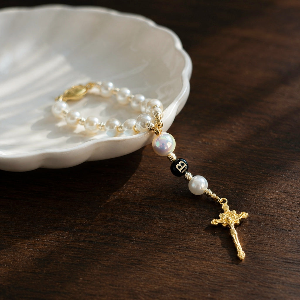 Catholic Car Rosary, Steering Wheel Rosary, Pearl Car Prayer Beads, Gold Crucifix Car Charm, Driver Gift