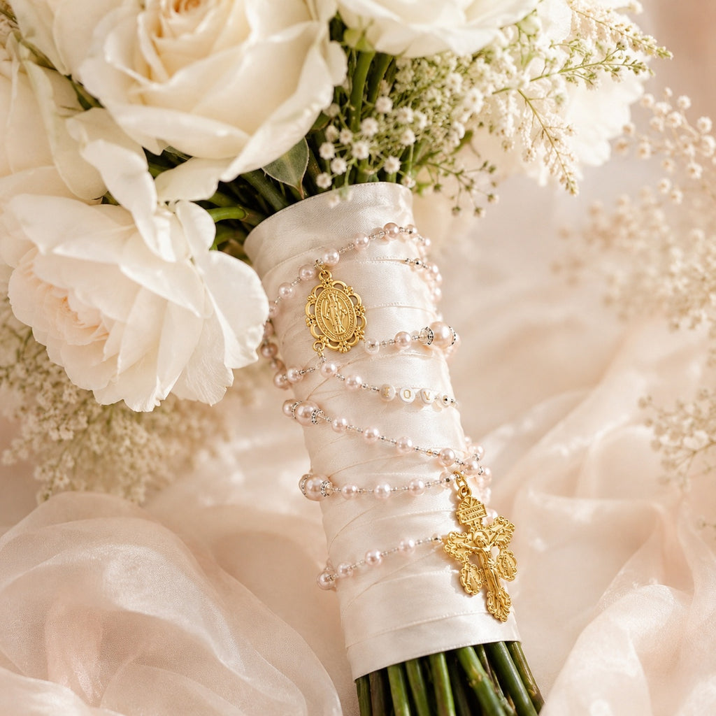 Catholic Wedding Rosary Pearl Bridal Bouquet Rosary for Bride Religious Wedding Gift Prayer Beads Keepsake