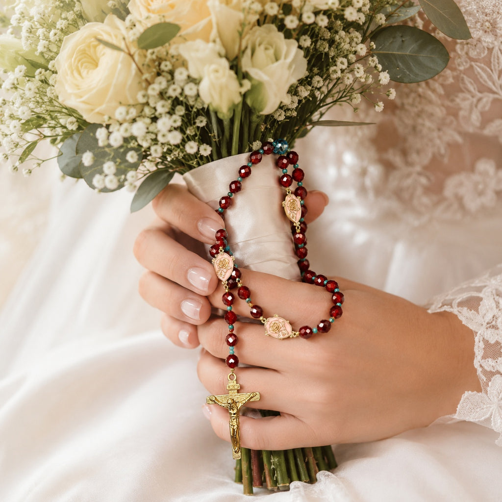 Burgundy Catholic Wedding Rosary, Bridal Bouquet Rosary, Rose Prayer Beads, Bride Gift, Marriage Keepsake
