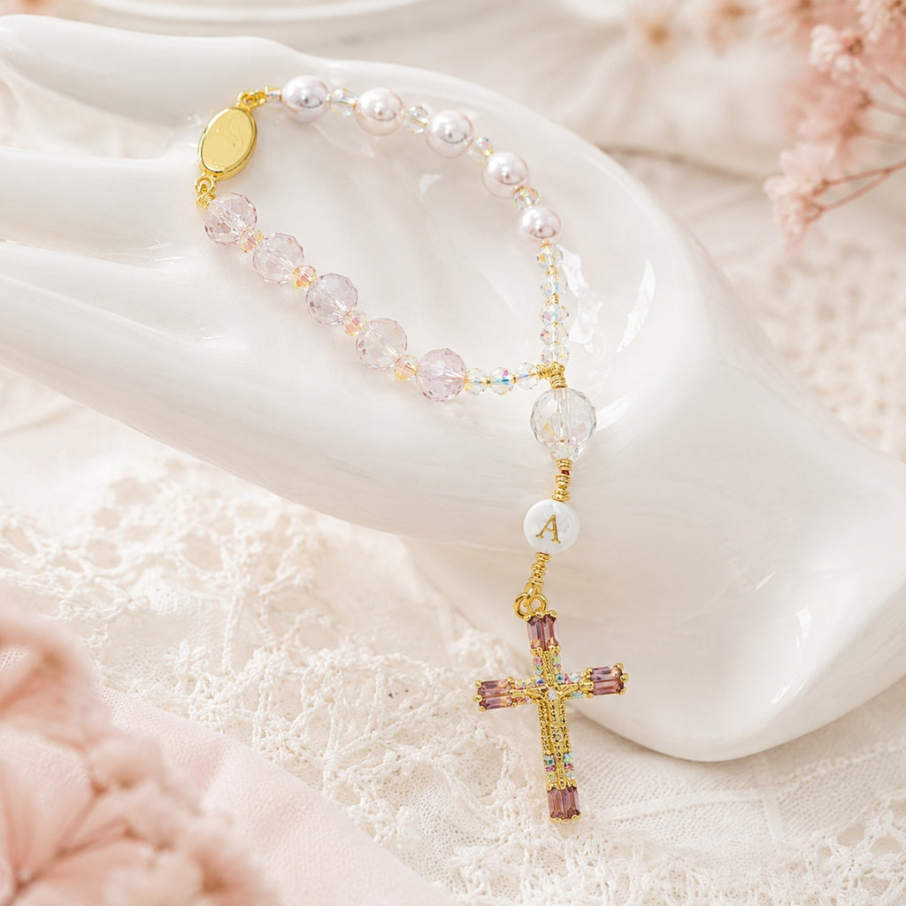 Pink Crystal Catholic Car Rosary, Steering Wheel Rosary, Personalized Initial Car Charm, Gold Crucifix, Driver Gift