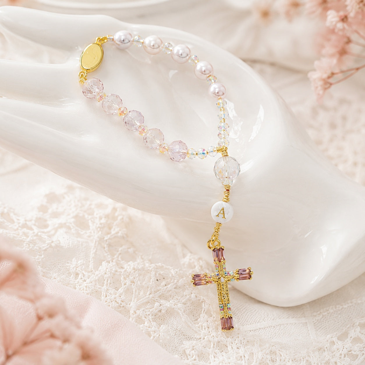 Pink Crystal Catholic Car Rosary, Steering Wheel Rosary, Personalized Initial Car Charm, Gold Crucifix, Driver Gift
