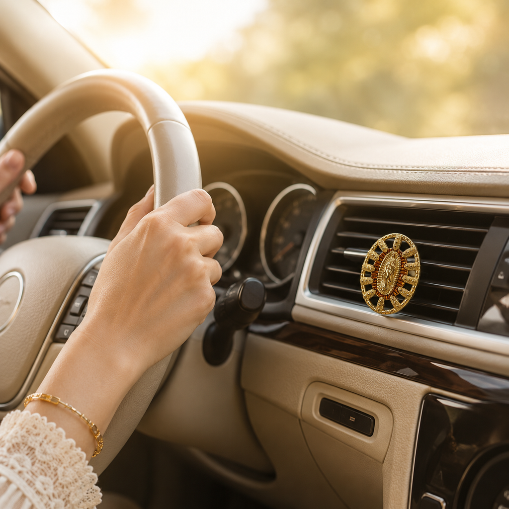 Close-up of Virgin Mary religious car vent clip featuring gold tone detailing and classic Catholic faith design