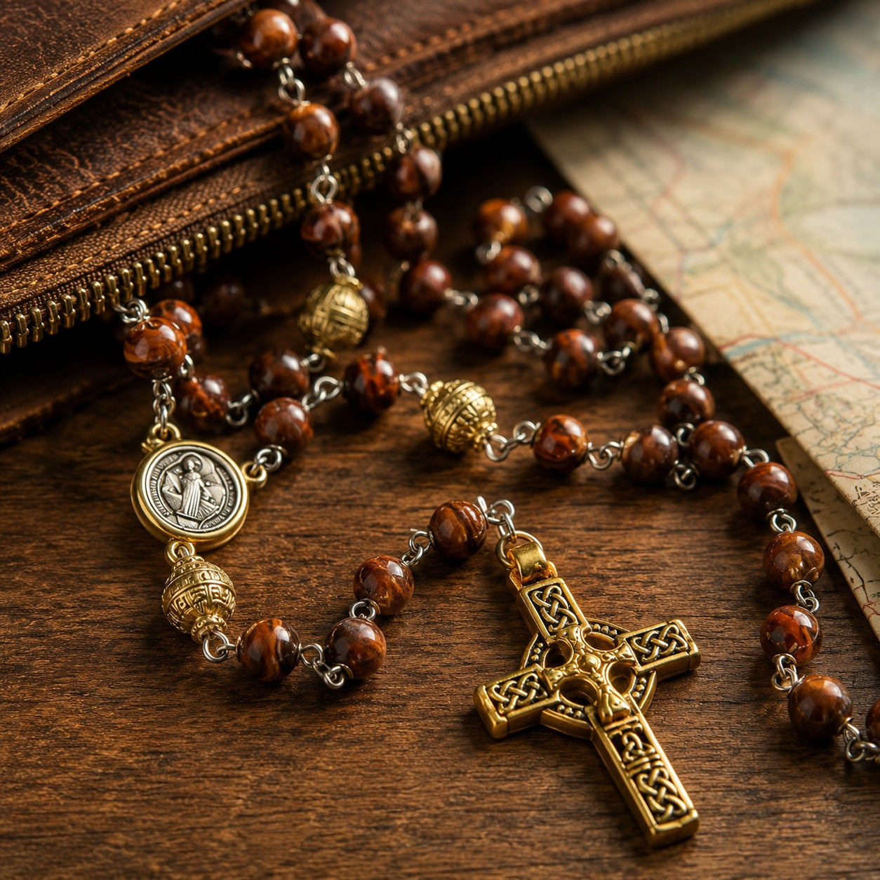 Natural Stone Catholic Rosary for Men, Handmade Prayer Beads with Celtic Cross, Traditional Christian Gift for Him