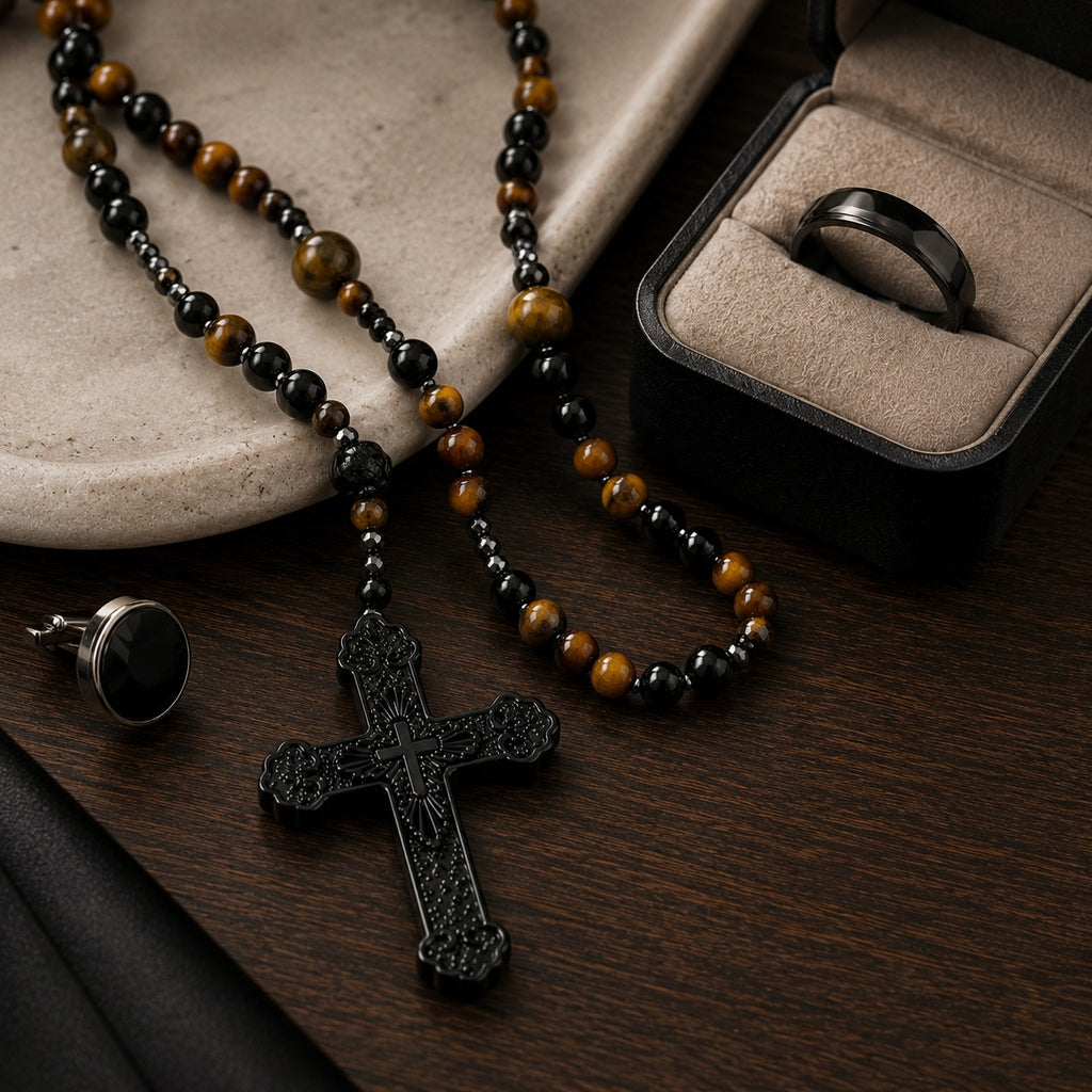 Catholic Wedding Rosary for Groom, Men's Black Rosary with Tiger Eye Beads, Christian Wedding Gift, Marriage Blessing Keepsake