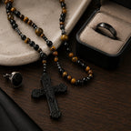 Catholic Wedding Rosary for Groom, Men's Black Rosary with Tiger Eye Beads, Christian Wedding Gift, Marriage Blessing Keepsake
