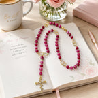 Elegant Catholic rosary for women featuring natural gemstone beads, gold details, and floral crucifix design for daily prayer and faith gifts