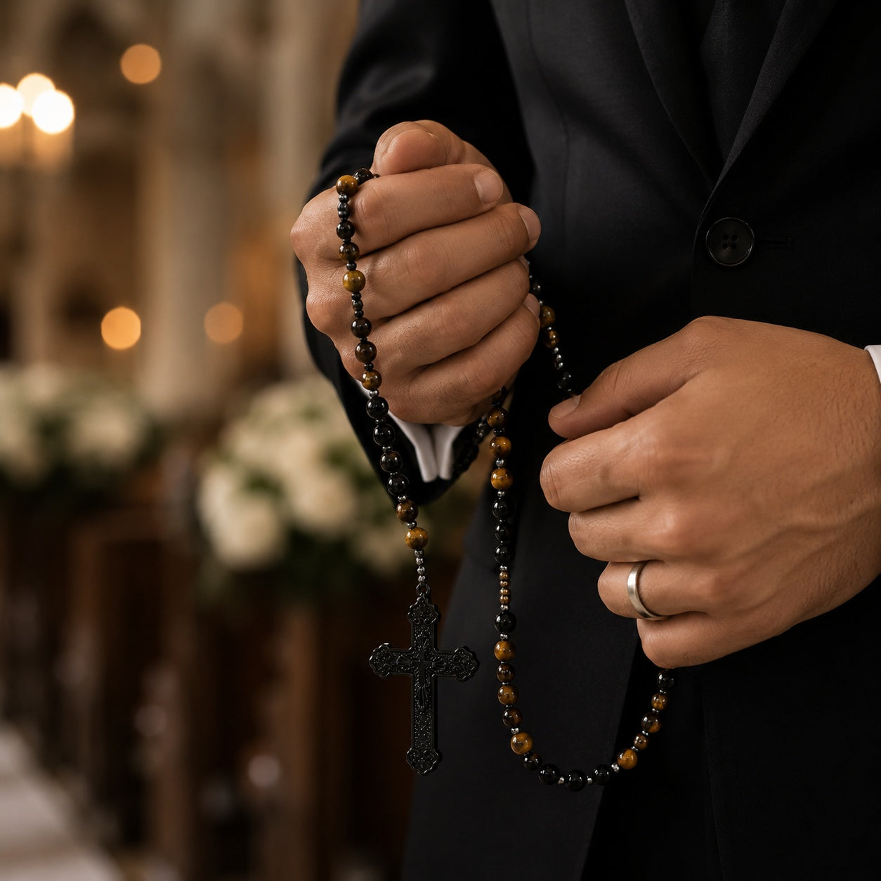 Catholic Wedding Rosary for Groom, Men's Black Rosary with Tiger Eye Beads, Christian Wedding Gift, Marriage Blessing Keepsake