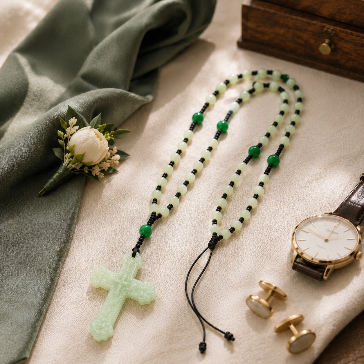 Sage green Catholic wedding rosary for groom with jade-style beads and a carved cross, styled with men’s wedding accessories