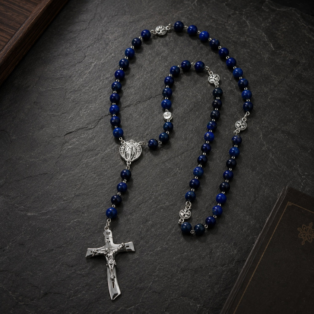 Catholic wedding prayer beads with deep blue rosary beads and silver crucifix, perfect as a Something Blue wedding gift for bride or groom.