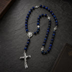 Catholic wedding prayer beads with deep blue rosary beads and silver crucifix, perfect as a Something Blue wedding gift for bride or groom.