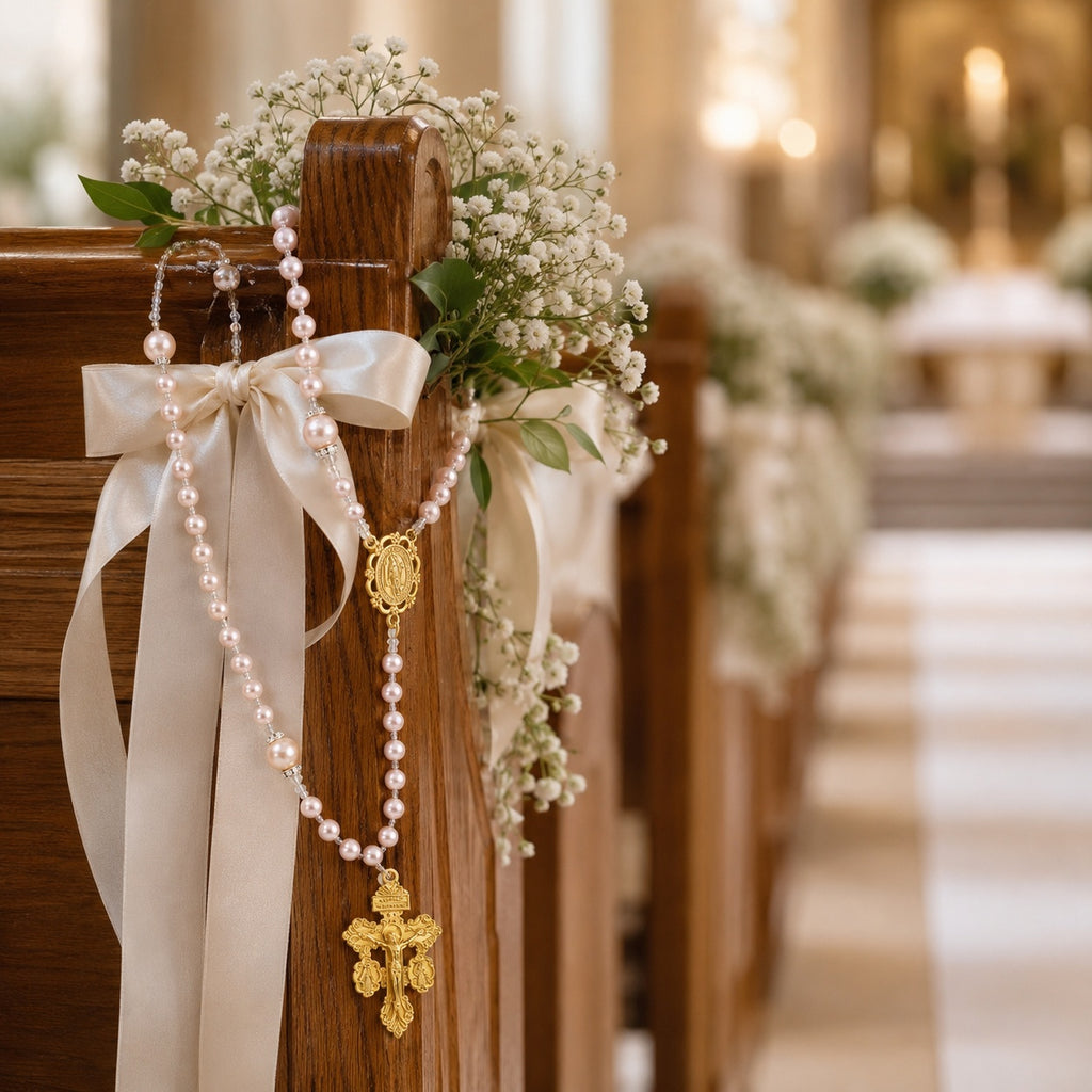 Elegant pearl bridal rosary displayed on a church pew with wedding flowers, a traditional Catholic wedding keepsake for brides and newly married couples.