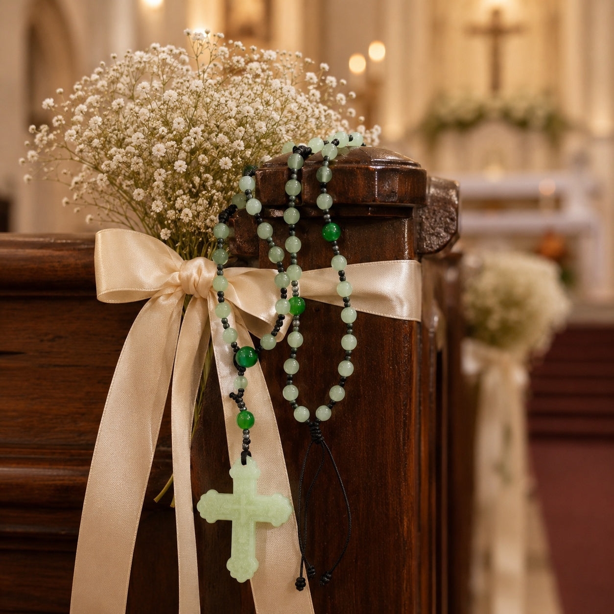 Catholic bride holding a white wedding bouquet decorated with a sage green rosary, symbolizing faith, love, and marriage blessings during a church ceremony.