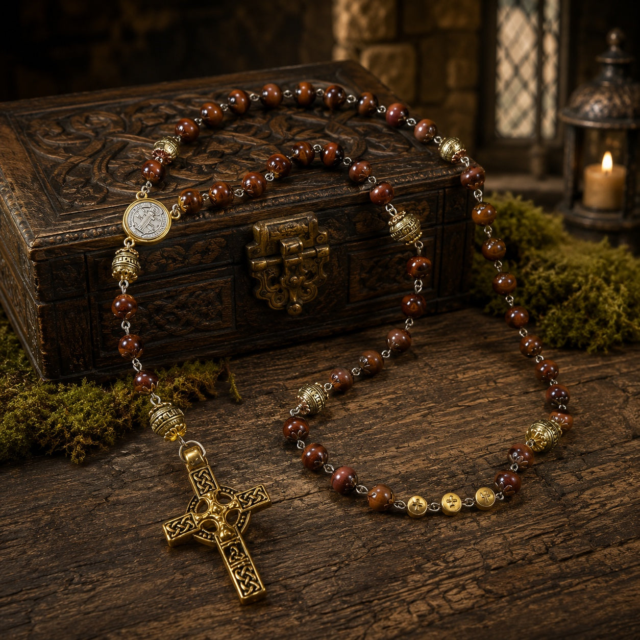Natural Stone Catholic Rosary for Men, Handmade Prayer Beads with Celtic Cross, Traditional Christian Gift for Him