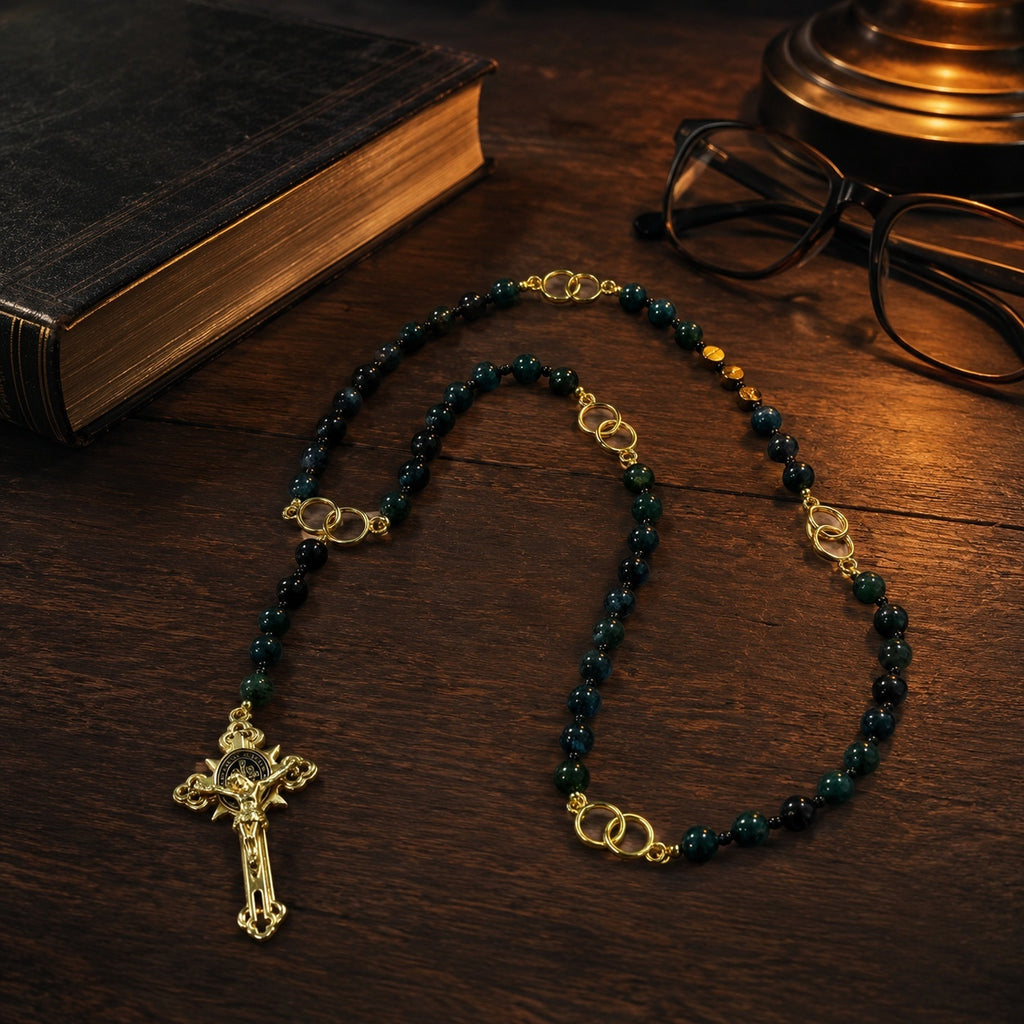 Men's St. Benedict Catholic rosary with dark green gemstone beads and gold crucifix, handmade prayer beads for daily Catholic devotion