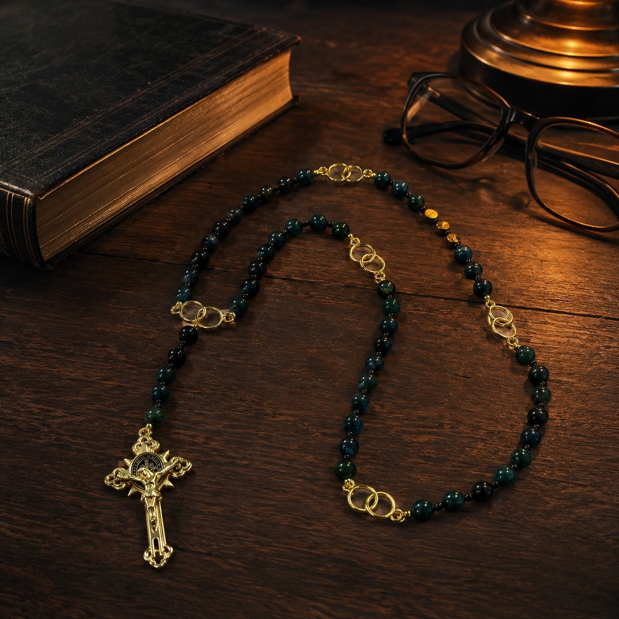 Men's St. Benedict Catholic rosary with dark green gemstone beads and gold crucifix, handmade prayer beads for daily Catholic devotion