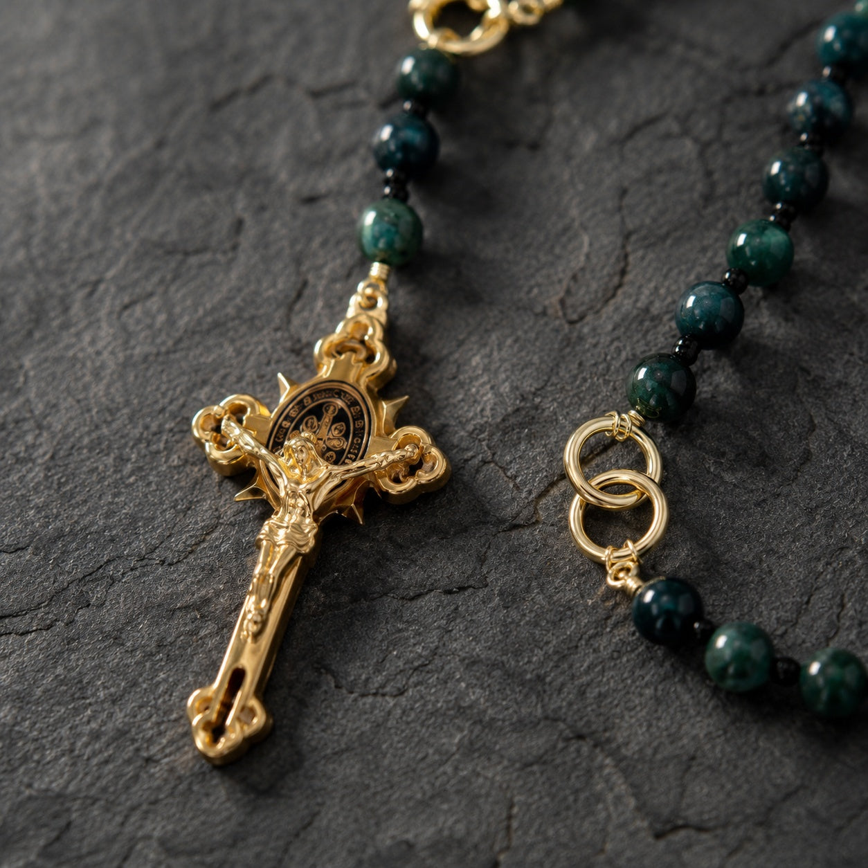 Natural Stone Catholic Rosary for Men, Handmade Green Gemstone Prayer Beads with Gold Crucifix, Catholic Faith Gift for Him