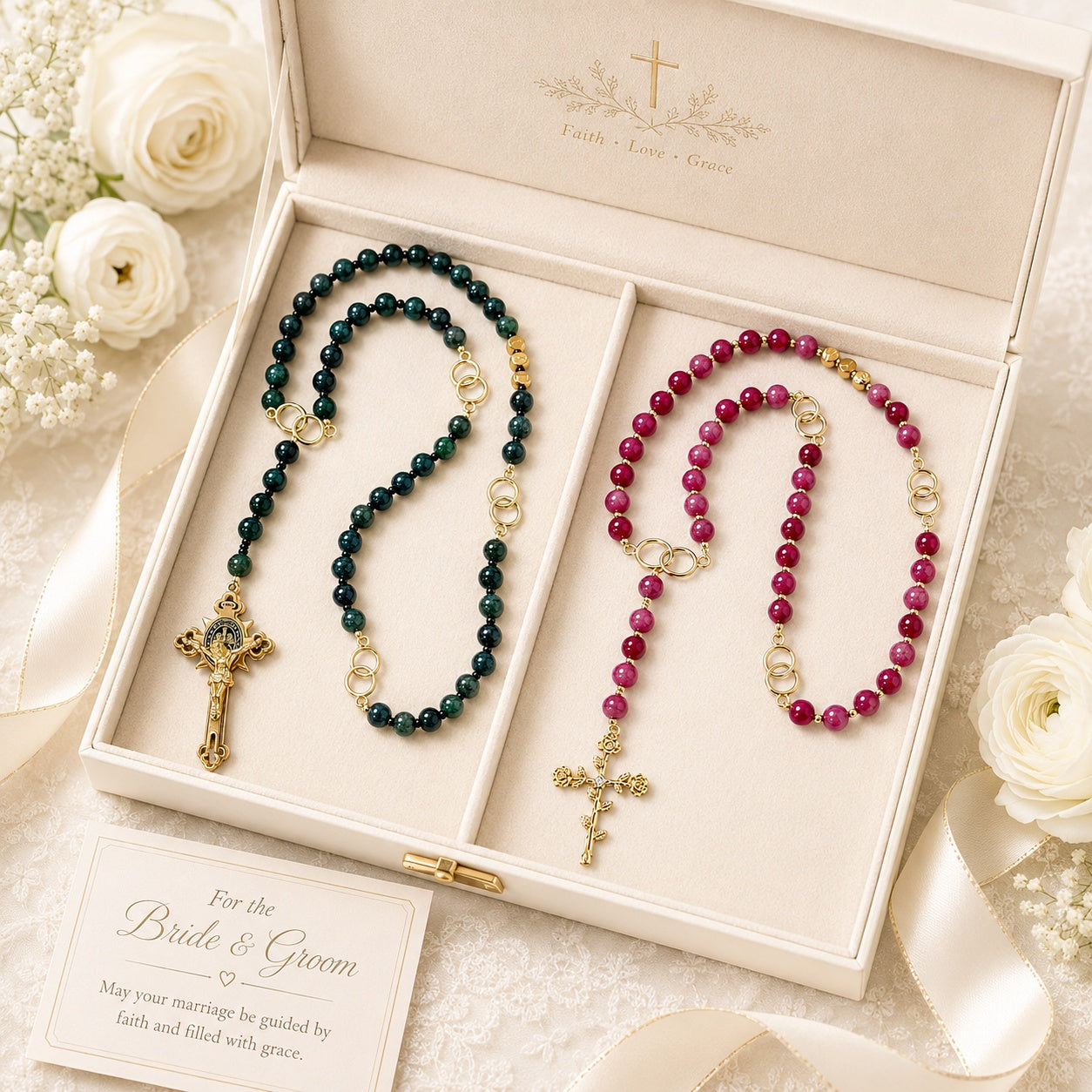 Catholic wedding gift box with bride and groom rosary set, handmade prayer beads for newlyweds and Christian marriage keepsake