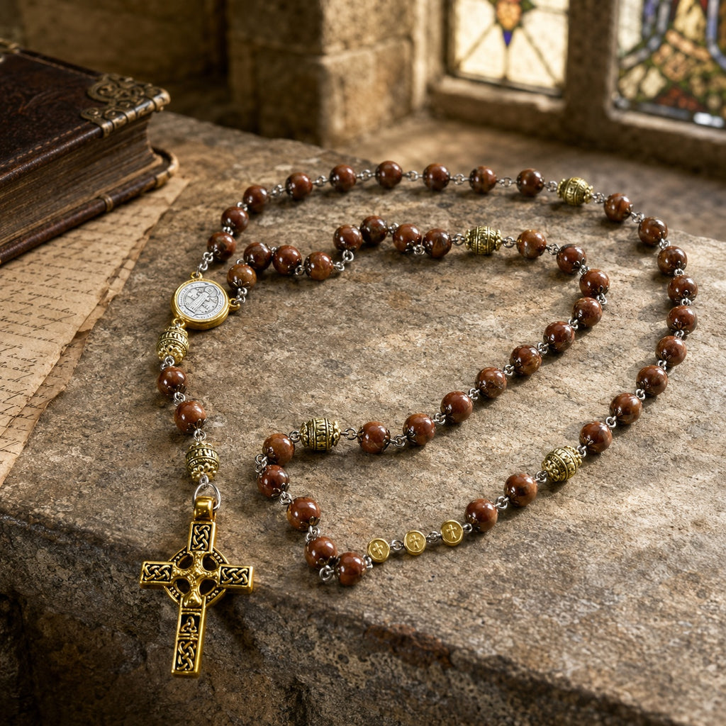 Brown Catholic rosary for men featuring natural stone beads, gold-tone accent beads, a classic crucifix, and a vintage devotional design.