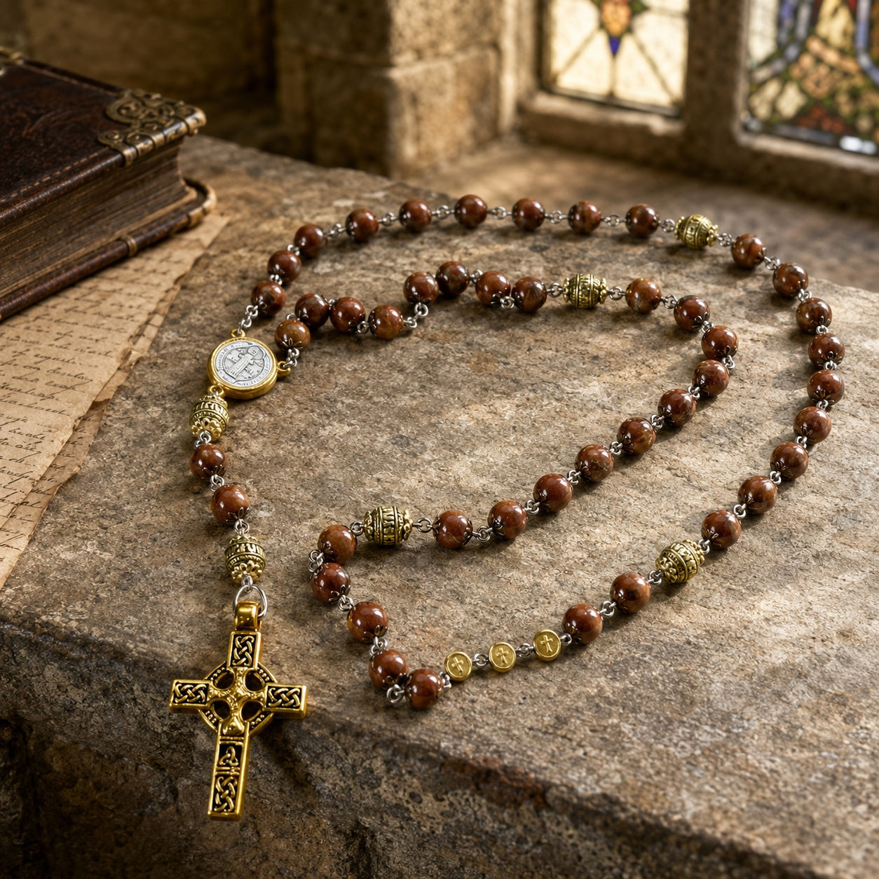 Brown Catholic rosary for men featuring natural stone beads, gold-tone accent beads, a classic crucifix, and a vintage devotional design.