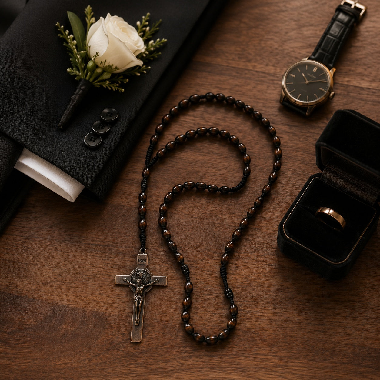 Men's Olive Wood Catholic Rosary, Handmade Prayer Beads with Crucifix, Traditional Christian Gift for Men