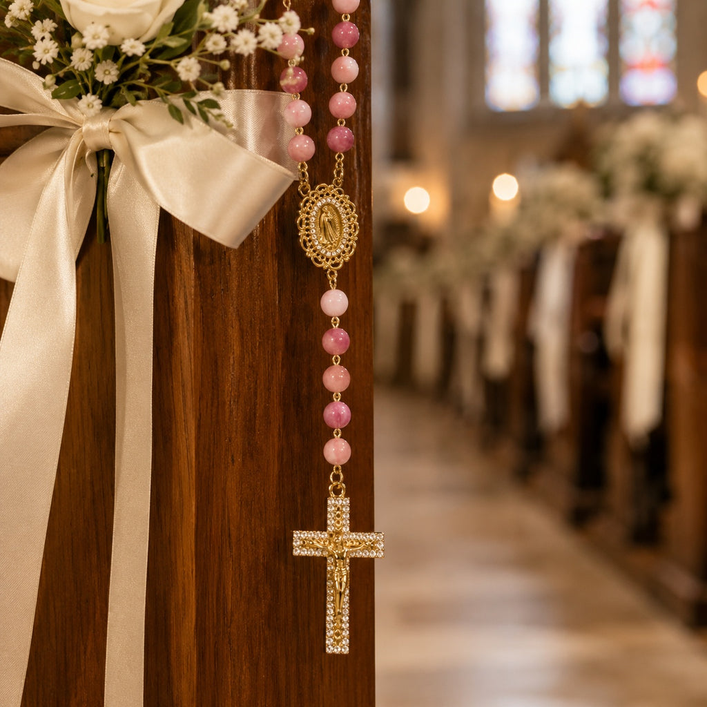 Pink Bridal Rosary, Catholic Wedding Rosary, Bride Gift, Virgin Mary Rosary, Bridal Bouquet Prayer Beads