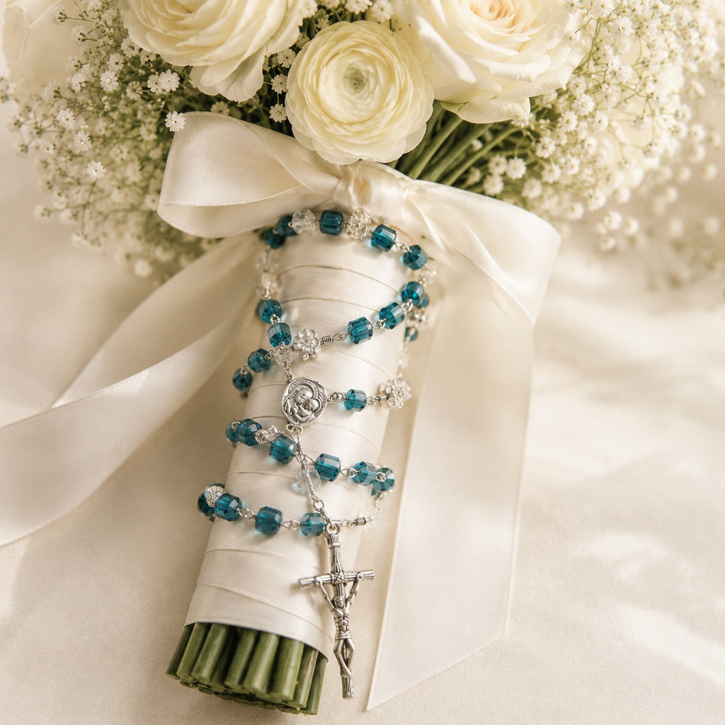 Blue Wedding Rosary Beads for Bride, Catholic Bridal Bouquet Prayer Beads with Silver Crucifix, Something Blue Wedding Gift