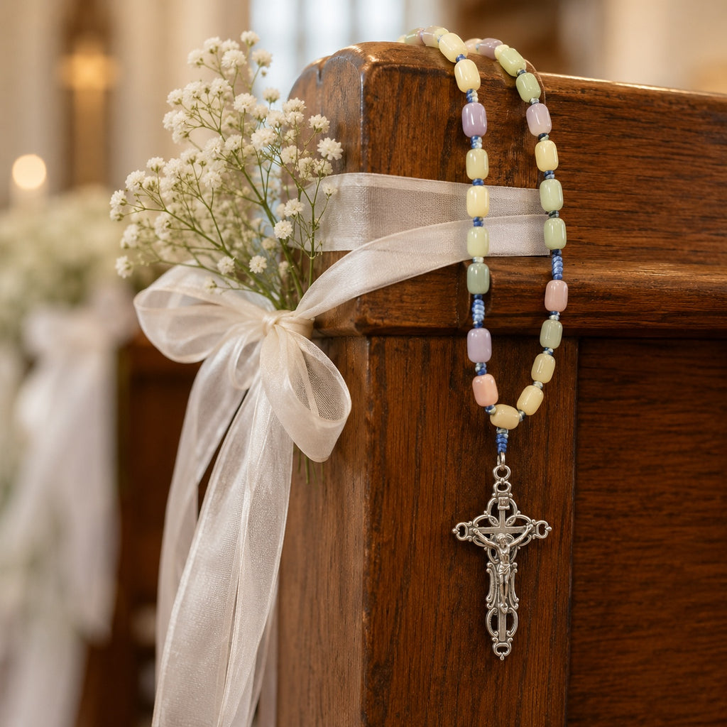 Pastel Bridal Bouquet Rosary, Catholic Wedding Rosary, Bride Gift, Wedding Prayer Beads, Silver Crucifix