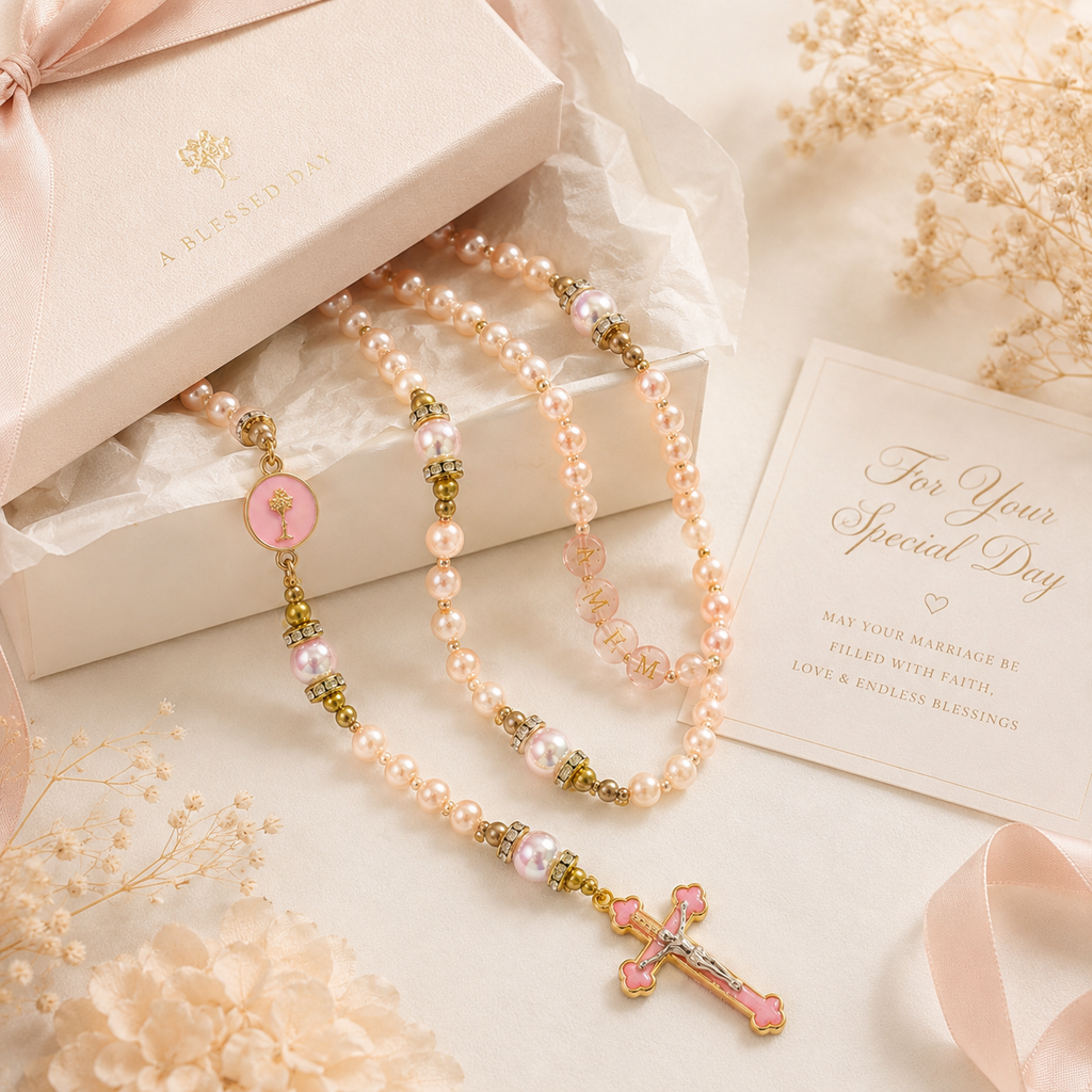 Wedding Rosary Beads for Bride, Pink Pearl Catholic Prayer Beads with Gold Crucifix, Bridal Bouquet Rosary Wedding Gift