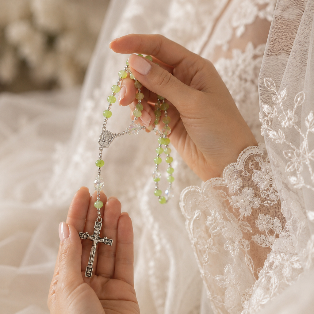 Green Wedding Rosary Beads for Bride, Catholic Bridal Bouquet Prayer Beads with Silver Crucifix, Wedding Keepsake Gift