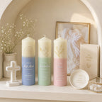 Elegant Taufe candle for baby baptism featuring a soft pastel design, gold line artwork, custom name details, and a premium gift-ready presentation with baptism card.