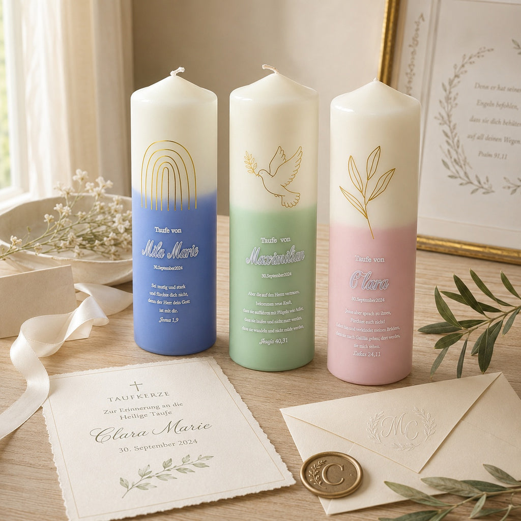 Personalized baptism candle with soft pink pastel gradient, gold olive branch artwork, custom name and baptism date, displayed in a gift box with blessing card and ribbon.