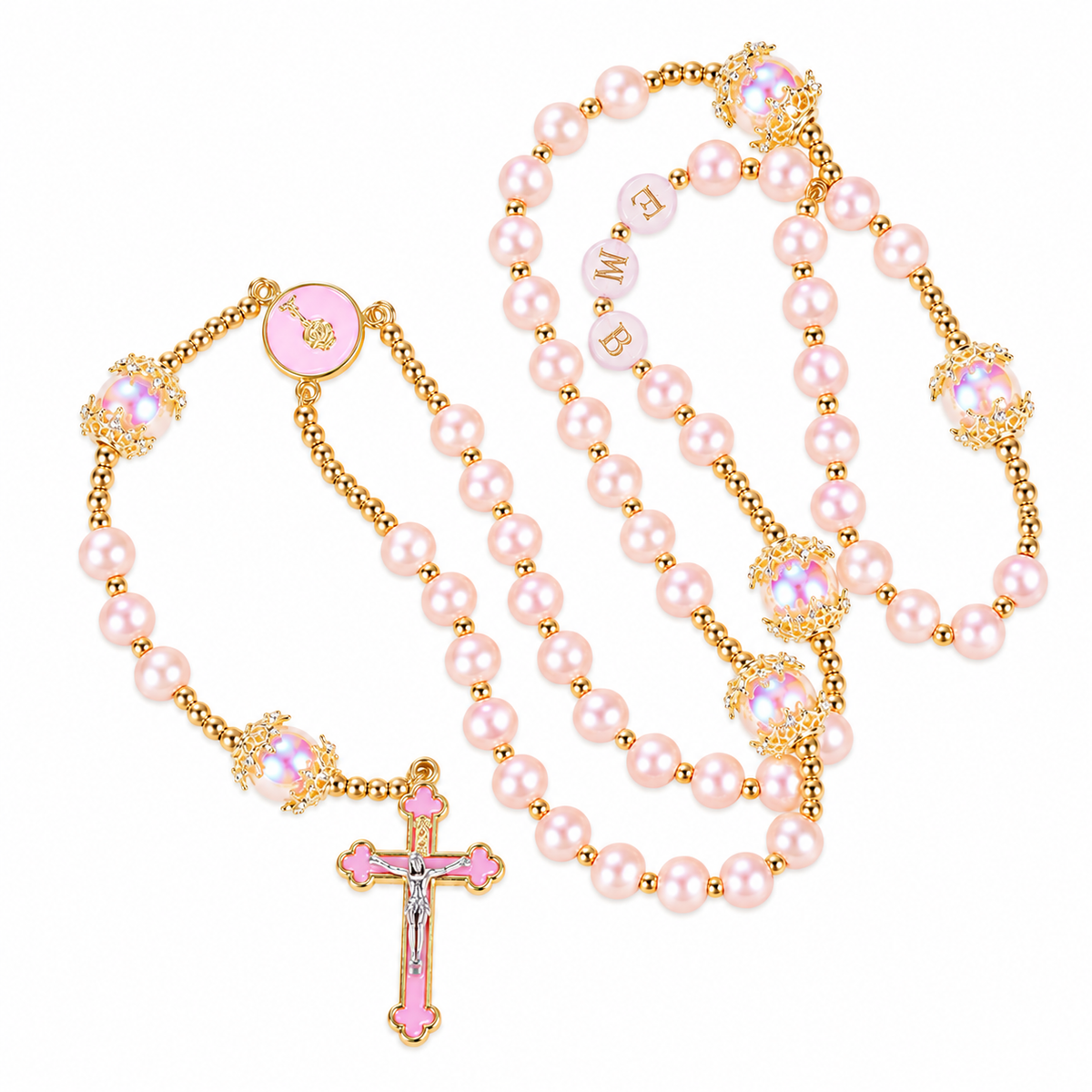 Rosario católico de perlas rosas