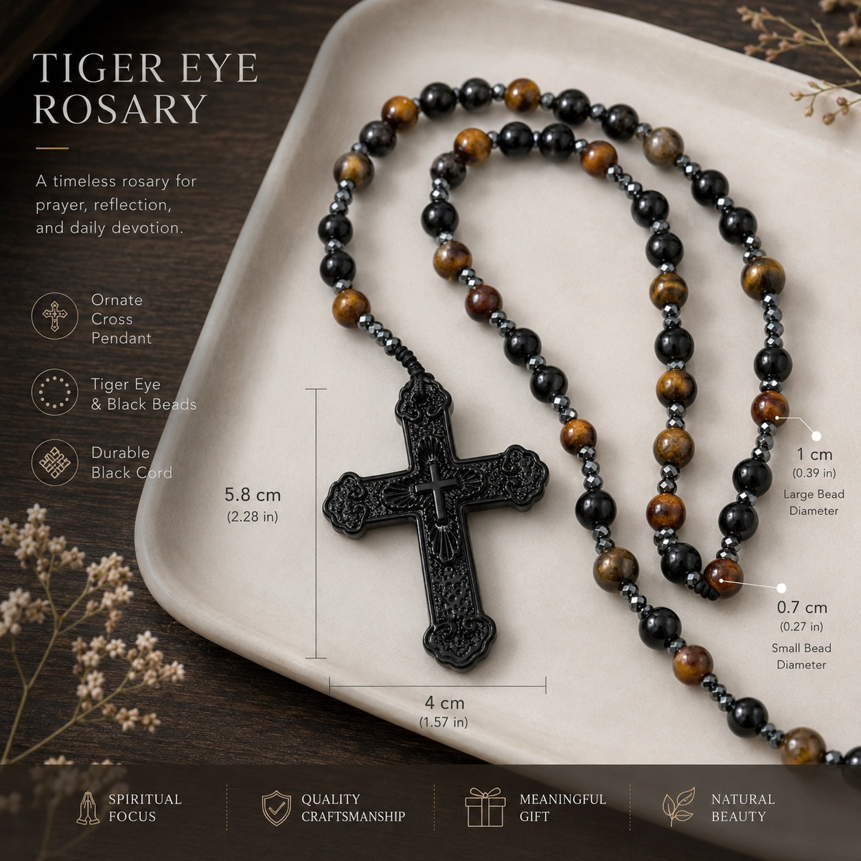 Tiger Eye Rosary Beads Catholic Prayer Beads for Men, Handmade Black Crucifix Rosary, Christian Gift for Him Baptism Confirmation Gift