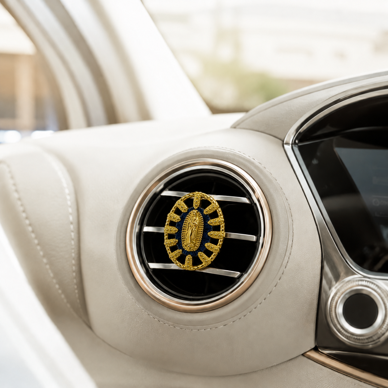 Virgin Mary Catholic car air vent clip with green religious charm for faith inspired car interior decoration