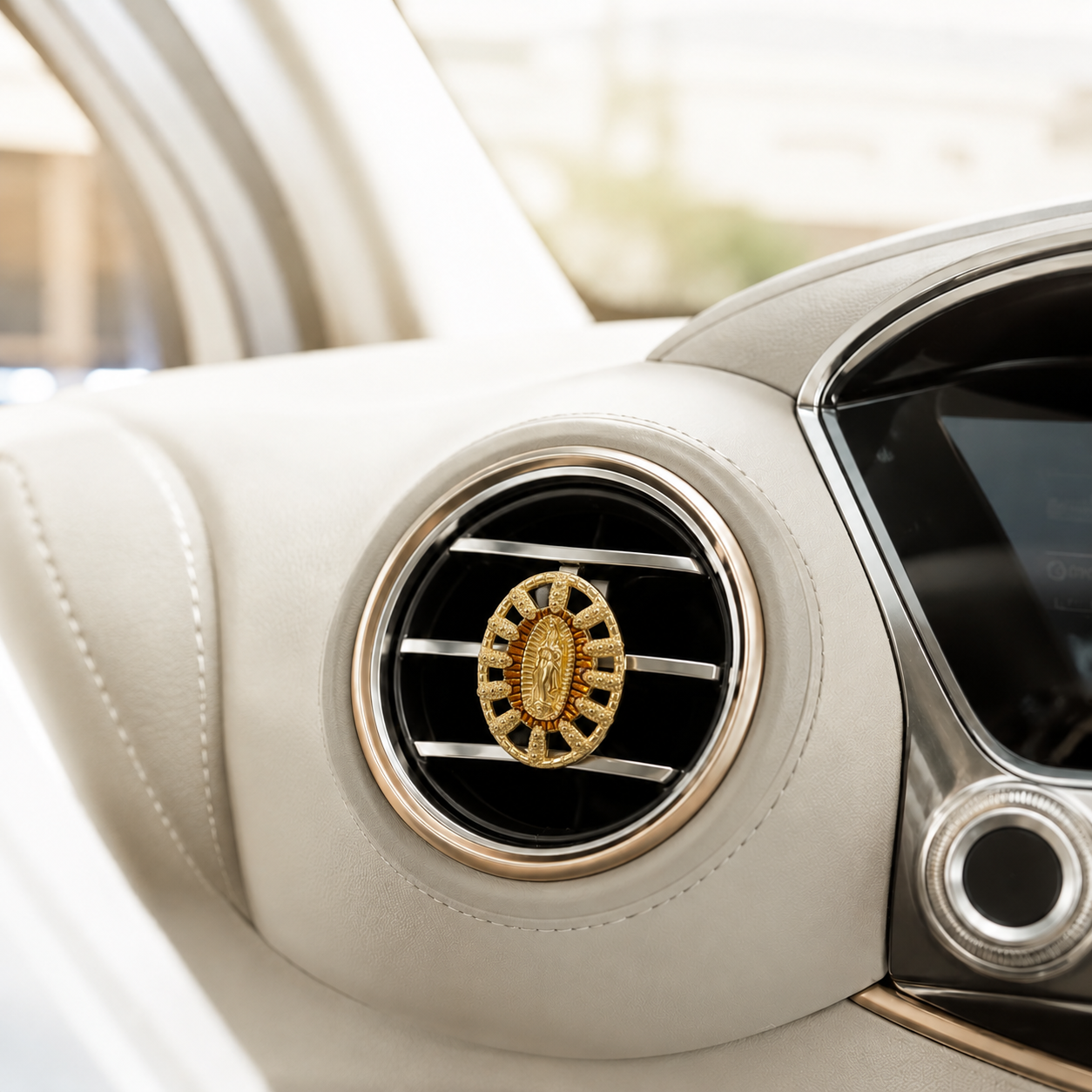Gold Virgin Mary car air vent clip with religious charm presented in an elegant gift box for Catholic faith decoration
