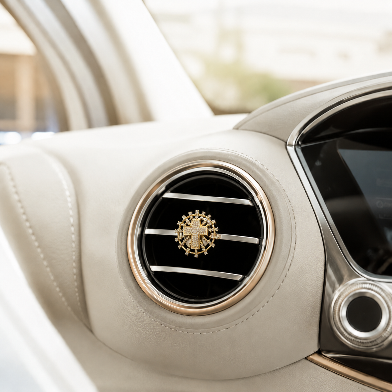 Gold crystal cross car air vent clip with elegant religious charm design for Christian faith inspired vehicle decoration