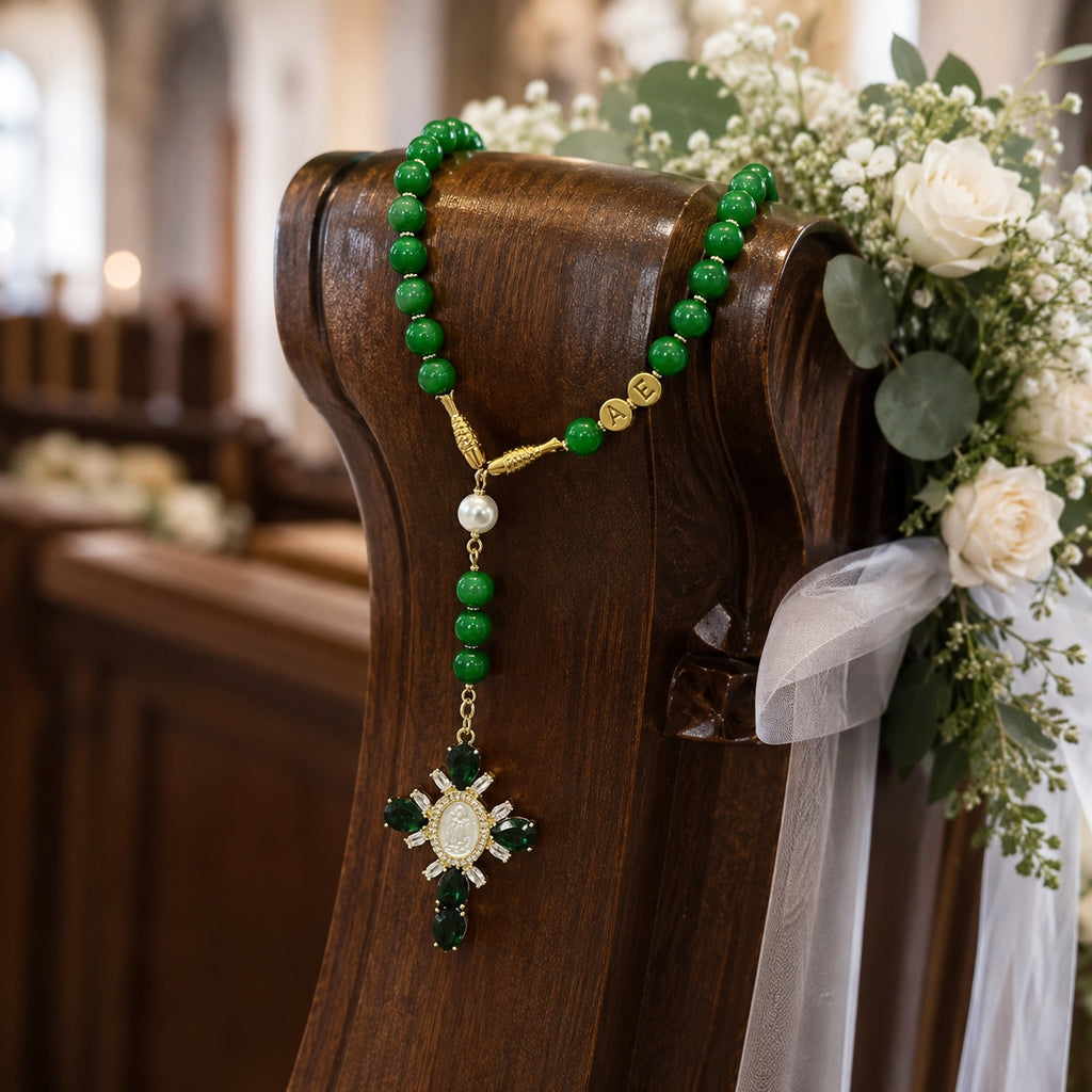 Emerald Green Catholic Wedding Rosary, Bridal Bouquet Rosary, Bride Prayer Beads, Religious Wedding Gift, Marriage Keepsake