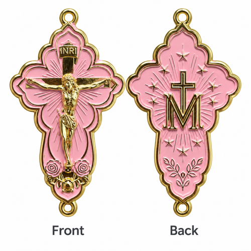 Pink Our Lady of Fatima Crucifix & Rosary Centerpiece Set ｜PG-FM-035