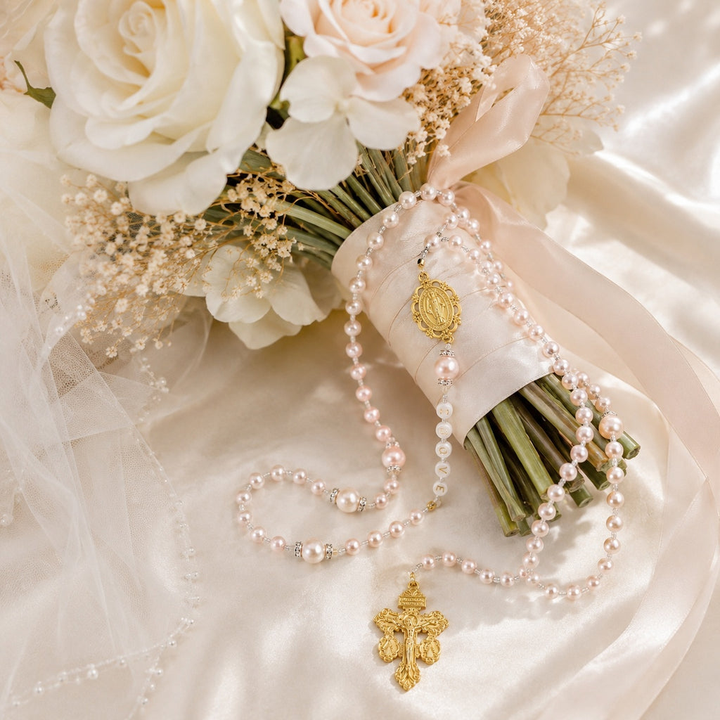 Catholic Wedding Rosary Pearl Bridal Bouquet Rosary for Bride Religious Wedding Gift Prayer Beads Keepsake