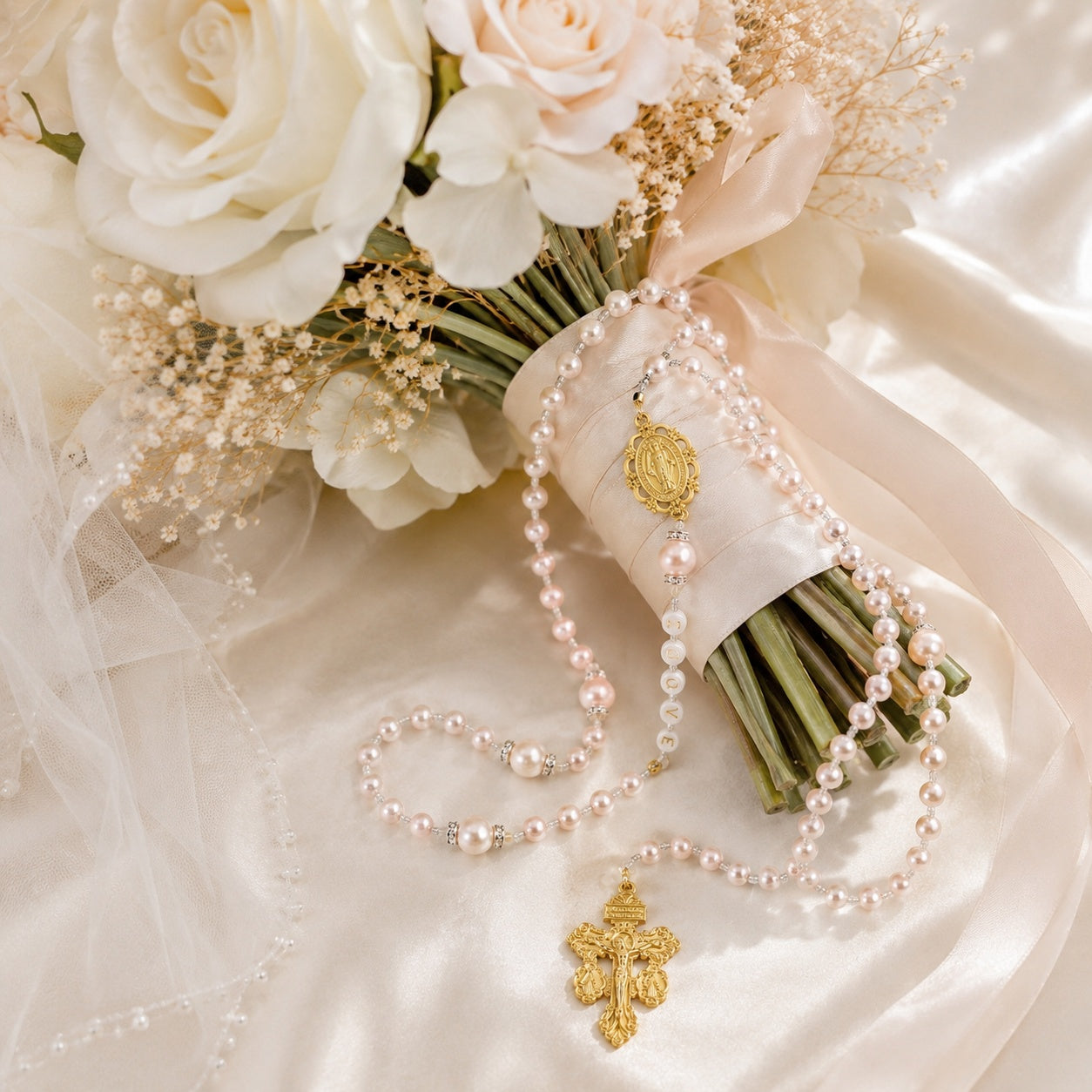 Catholic Wedding Rosary Pearl Bridal Bouquet Rosary for Bride Religious Wedding Gift Prayer Beads Keepsake