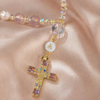 Pink Crystal Catholic Car Rosary, Steering Wheel Rosary, Personalized Initial Car Charm, Gold Crucifix, Driver Gift